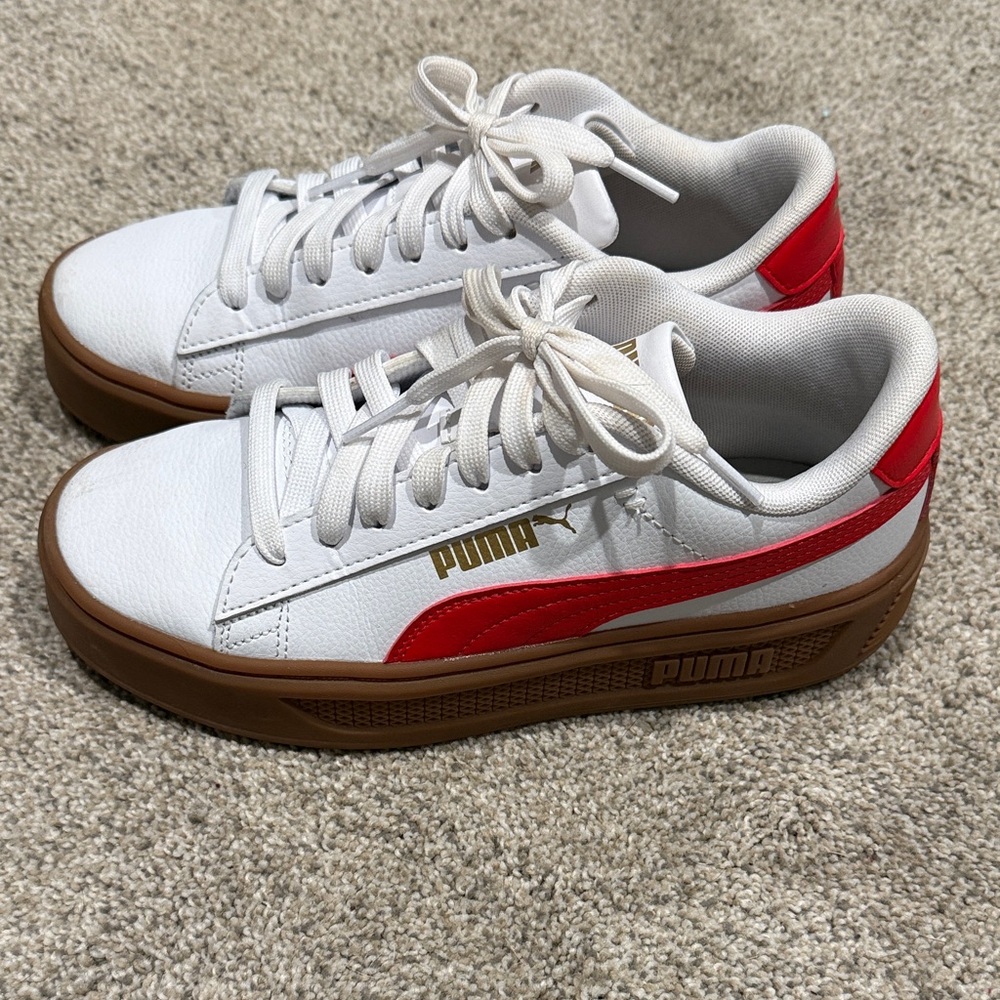Puma Red and White Sneakers with Brown Soles